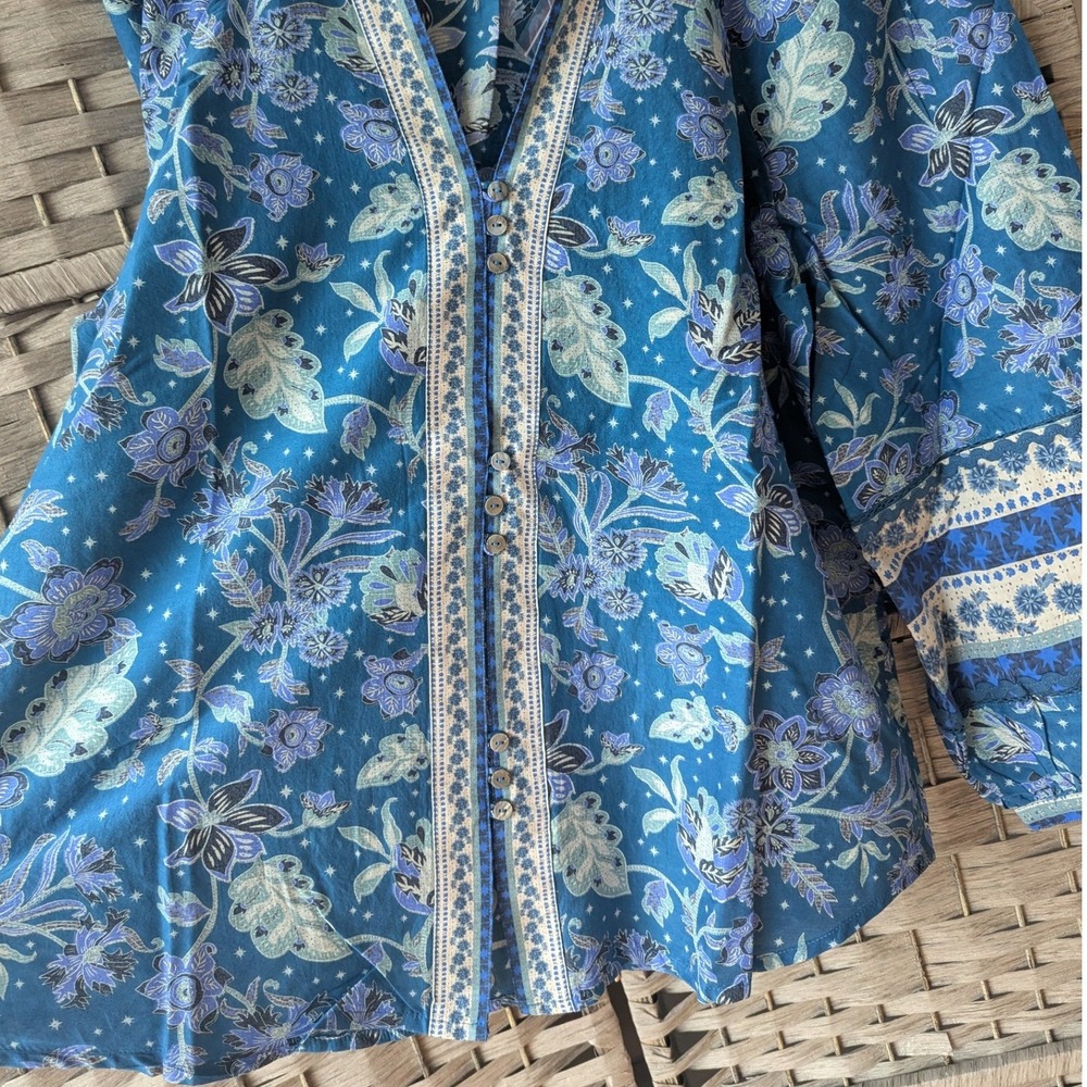 Sundance Arvilla Blue Floral Cotton Silk Blend Peasant Blouse Top Sz M Boho New - Picture 2 of 8